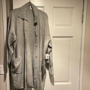 Free People Gray Ribbed Long Cardigan